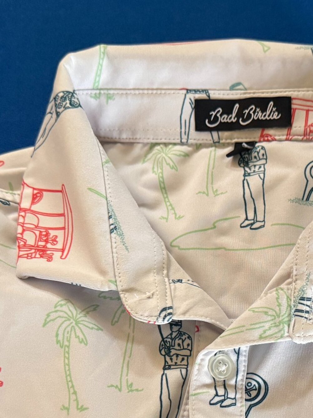 Bad Birdie White Polo with Green and Navy Palm & Golfer Print
